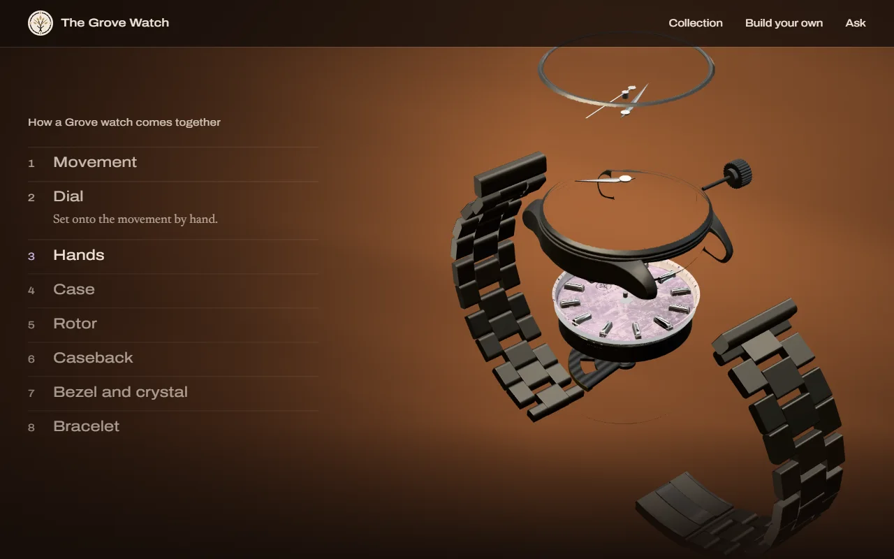 The Grove Watch: The watch takes itself apart as you scroll, step by step, with the finished dial up close.