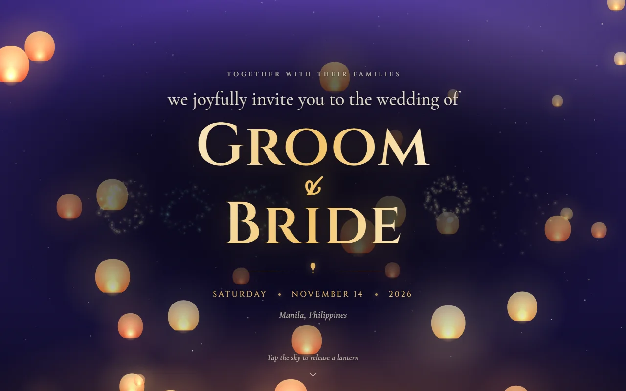 Lantern e-invite: The opening screen: guests tap the sky to release lanterns. The dress code is drawn by hand. Names hidden.